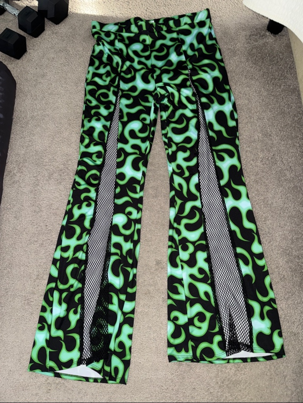 iHeartRaves Black & Neon Green Flame Mesh Panel Flare Pants